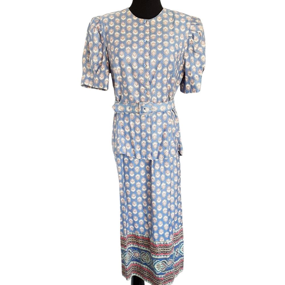 Vintage 80s Cotton Circle Skirt & Blouse Suit Set Paisley Border Print Cottage